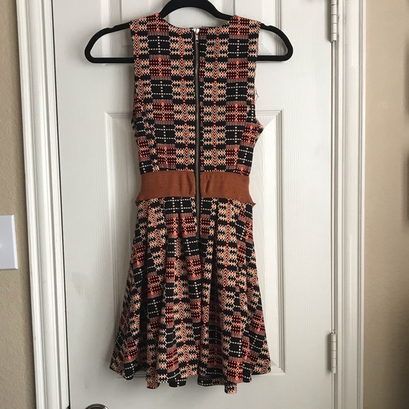 Sleeveless Black Orange Plaid A-Line Dress w Brown Belt - Picture 4 of 6